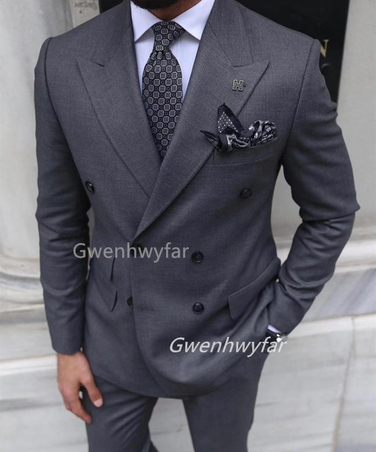 Men Formal Wear Clothes - Gwenhwyar 그레이 더블 브레스트 남성 세트
